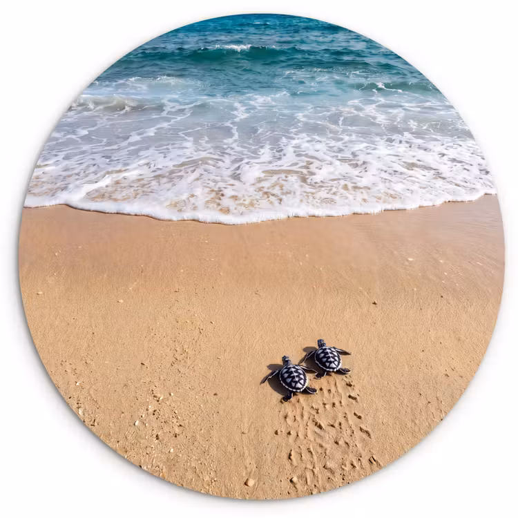 Schildpad - Jong - Strand - Oceaan - Blauw Wandcirkel kunststof plaat 5mm dik klein -3d