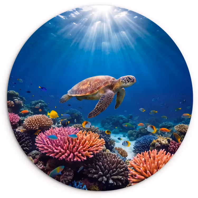 Schildpad - Koraalrif - Oceaan - Dieren - Blauw Wandcirkel kunststof plaat 5mm dik klein -3d