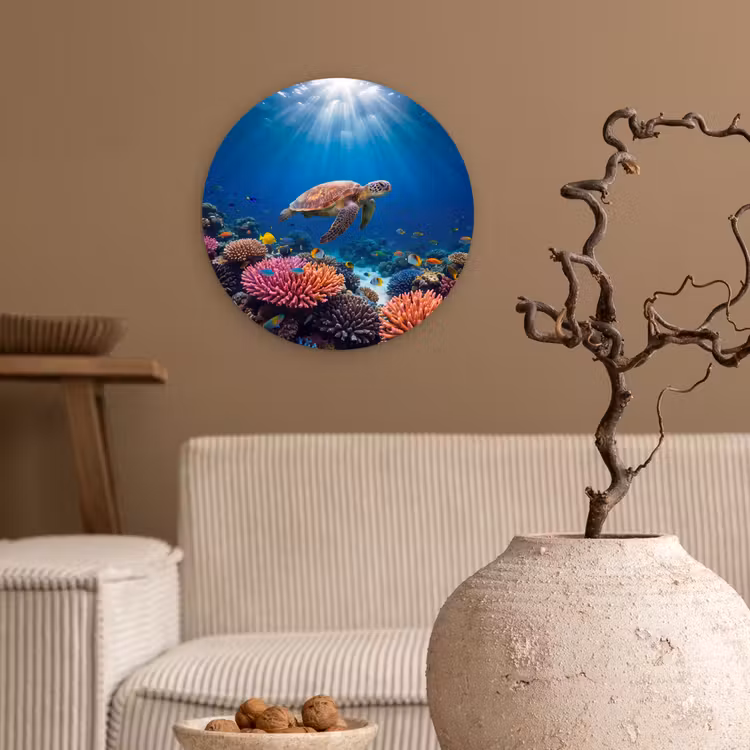 Schildpad - Koraalrif - Oceaan - Dieren - Blauw Wandcirkel kunststof plaat 5mm dik klein -sfeer1