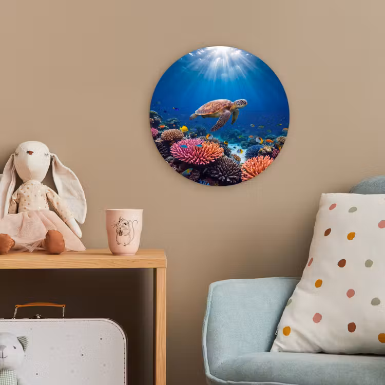 Schildpad - Koraalrif - Oceaan - Dieren - Blauw Wandcirkel kunststof plaat 5mm dik klein -tsfeer1_kind
