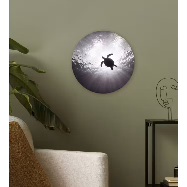 Schildpad - Onderwater - Lichtstralen - Oceaan - Zwart-wit Wandcirkel kunststof plaat 5mm dik klein -sfeer3