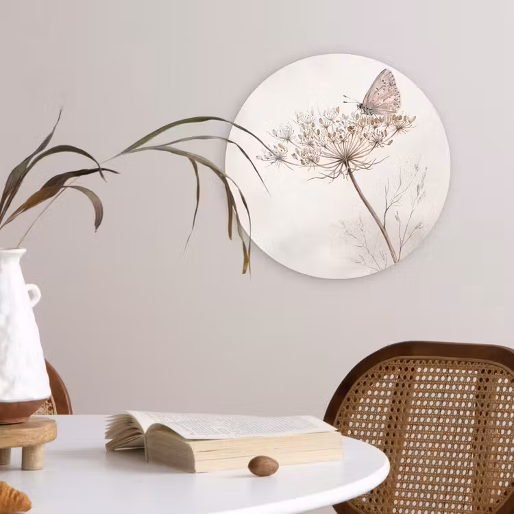 Vlinder - Bloem -Natuur - Beige Wandcirkel kunststof plaat 5mm dik klein -sfeer4