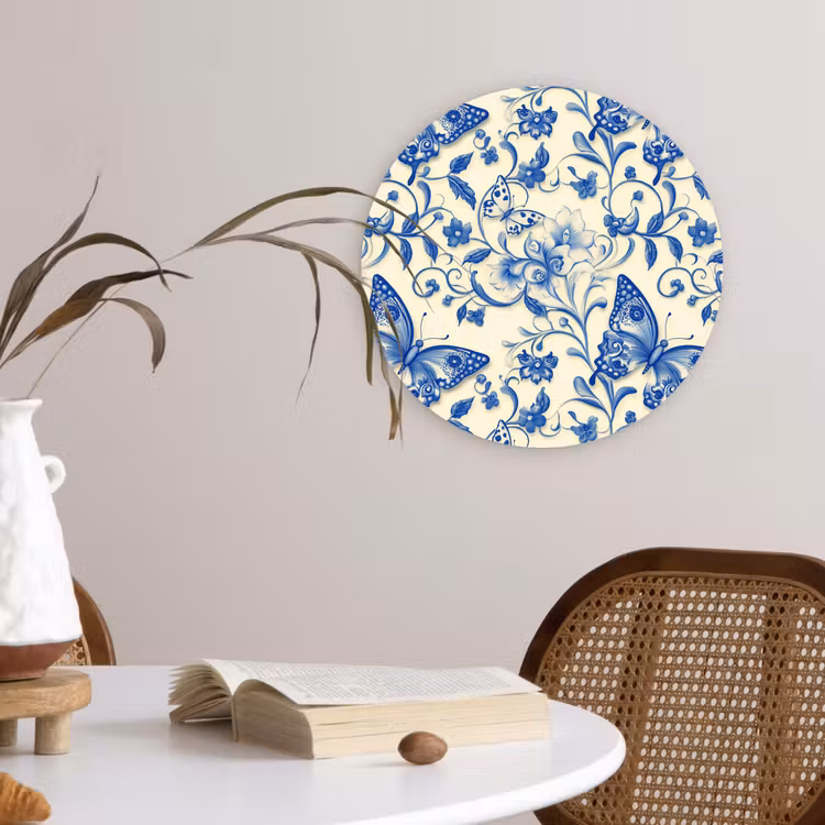 Vlinders - Bloemen - Blauw - Botanisch Wandcirkel kunststof plaat 5mm dik klein 188 -sfeer4