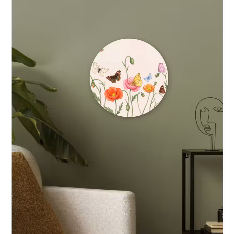 Vlinders - Klaprozen - Illustratie - Kleurrijk Wandcirkel kunststof plaat 5mm dik klein -sfeer3