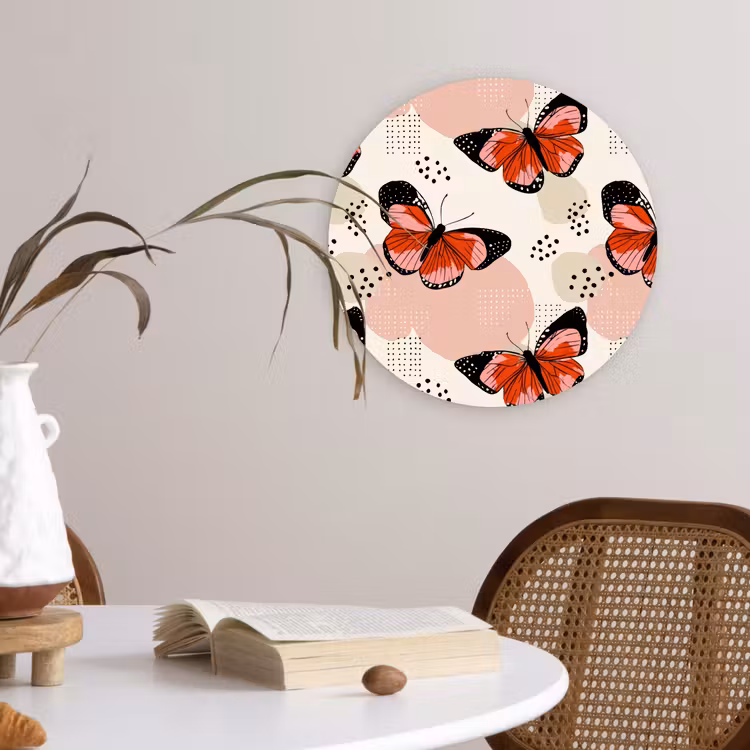 Vlinders - Retro - Kleurrijk Wandcirkel kunststof plaat 5mm dik klein 188 -sfeer4