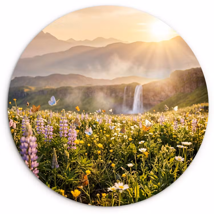 Vlinders - Waterval - Bloemenveld Wandcirkel kunststof plaat 5mm dik klein -3d