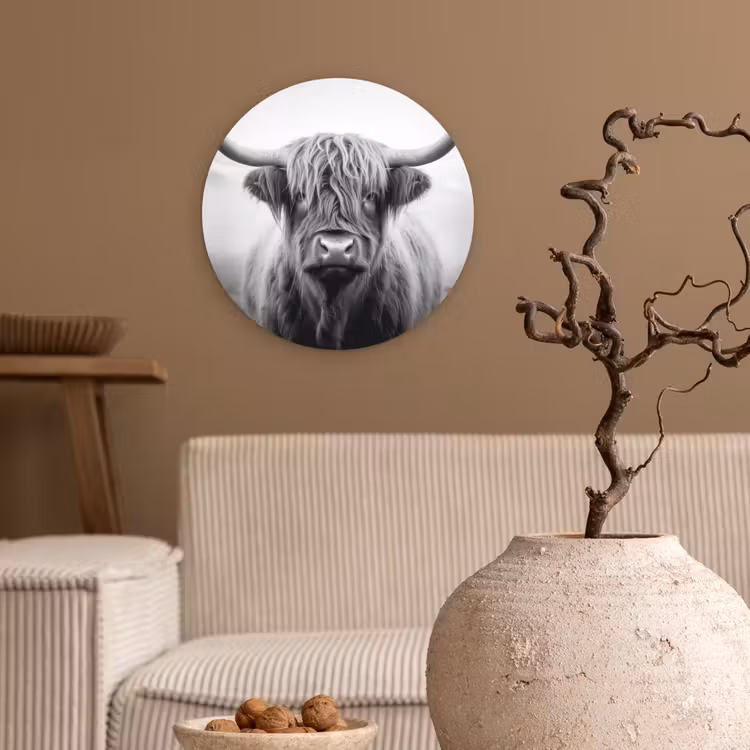 Schotse hooglander - Mist - Zwart - Wit Wandcirkel kunststof plaat 5mm dik klein -sfeer1