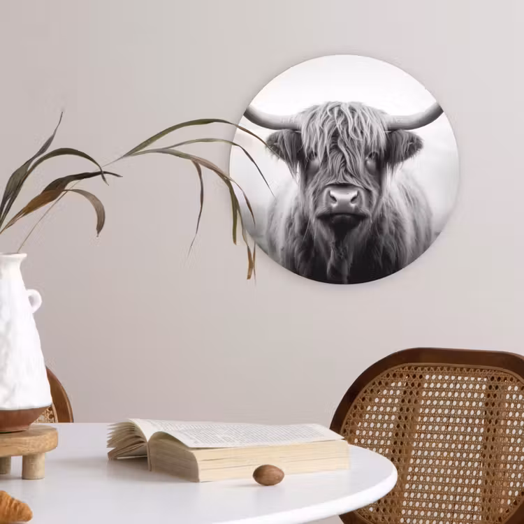 Schotse hooglander - Mist - Zwart - Wit Wandcirkel kunststof plaat 5mm dik klein -sfeer4