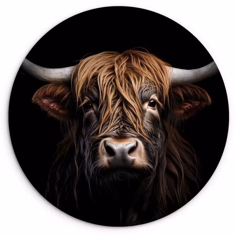 Schotse hooglander - Portret - Zwart - Dier Wandcirkel kunststof plaat 5mm dik klein -3d