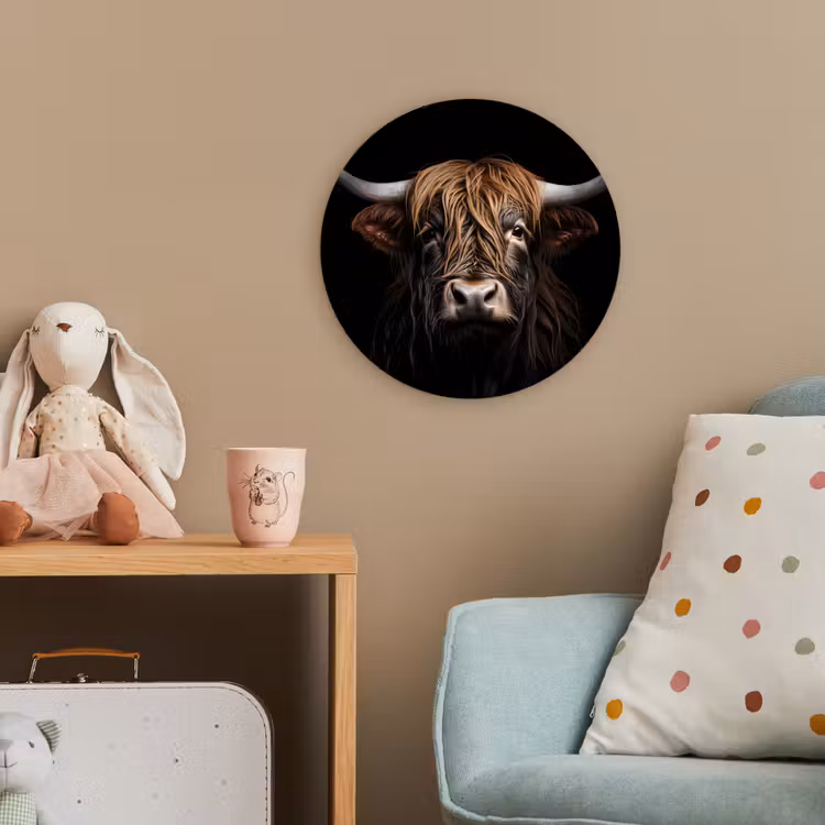 Schotse hooglander - Portret - Zwart - Dier Wandcirkel kunststof plaat 5mm dik klein -tsfeer1_kind