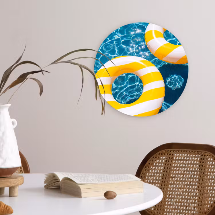 Zwembad - Zwembanden - Zomer - Geel - Blauw Wandcirkel kunststof plaat 5mm dik klein -sfeer4