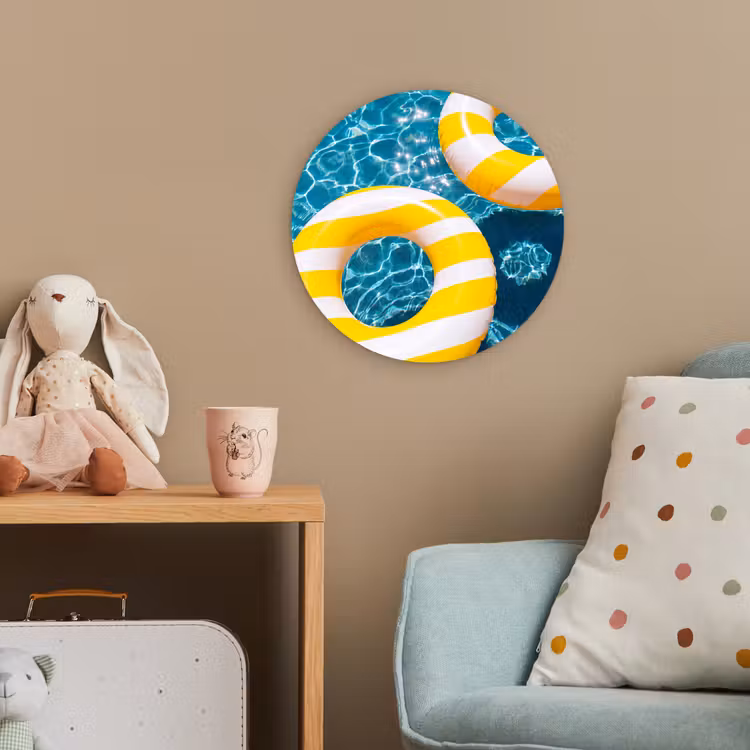 Zwembad - Zwembanden - Zomer - Geel - Blauw Wandcirkel kunststof plaat 5mm dik klein -tsfeer1_kind