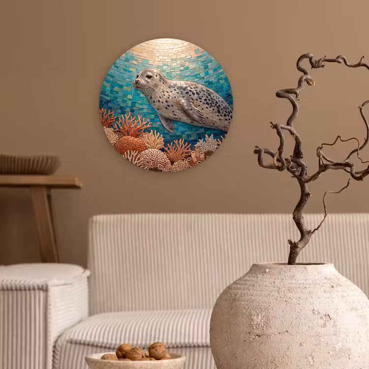 Zeehond - Mozaïek - Onderwater - Dieren - Blauw Wandcirkel kunststof plaat 5mm dik klein -sfeer1