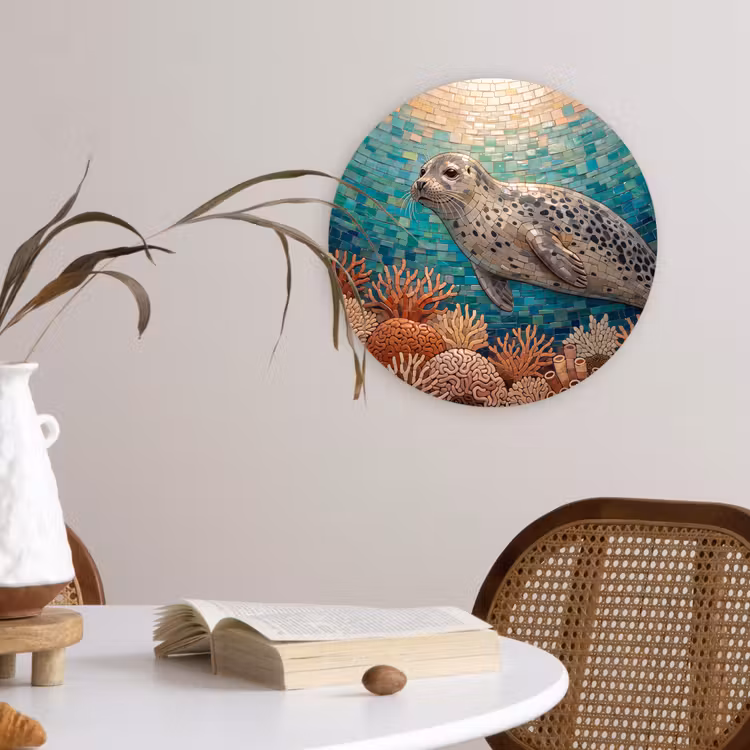 Zeehond - Mozaïek - Onderwater - Dieren - Blauw Wandcirkel kunststof plaat 5mm dik klein -sfeer4