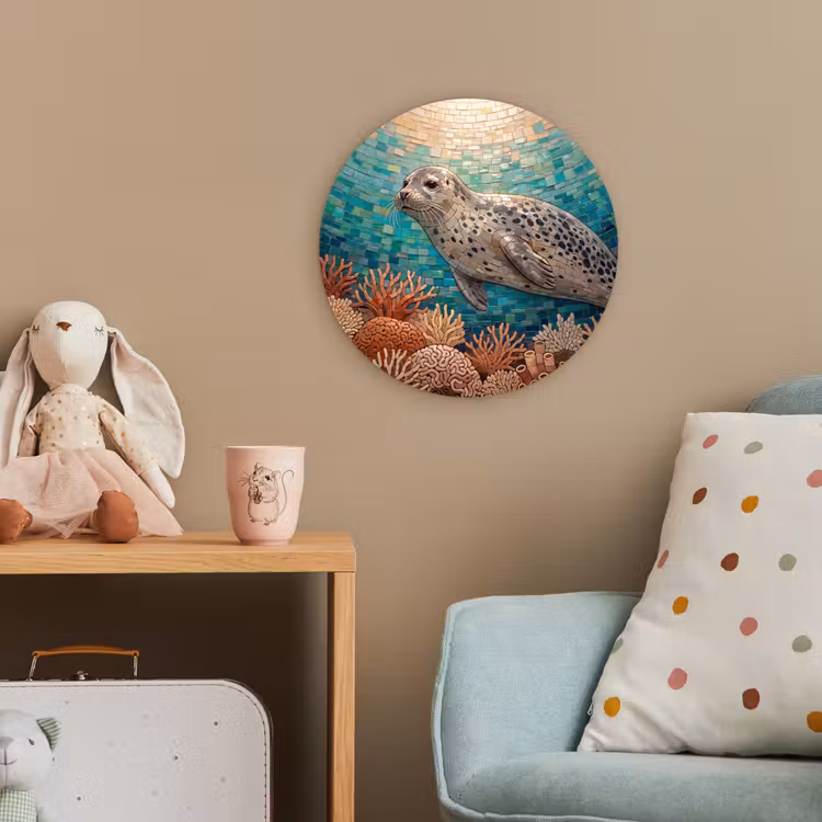 Zeehond - Mozaïek - Onderwater - Dieren - Blauw Wandcirkel kunststof plaat 5mm dik klein -tsfeer1_kind