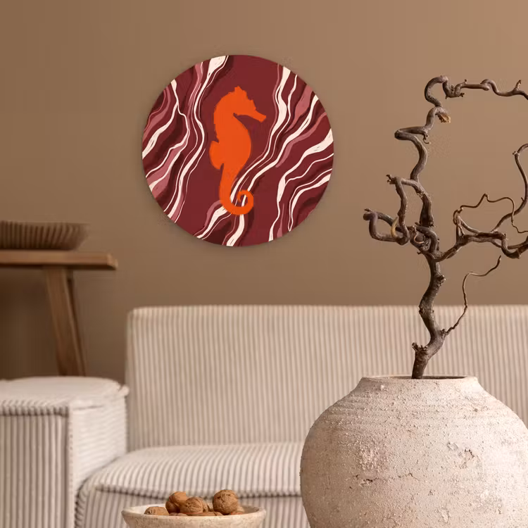 Zeepaardje - Golven - Zeeleven - Abstract - Oranje Wandcirkel kunststof plaat 5mm dik klein -sfeer1