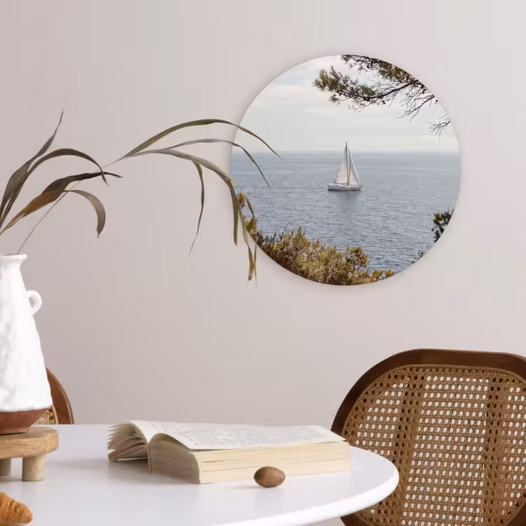 Forexbild Rund - Segelboot – Bäume – Wasser - Zeilboot - bomen - water Wandcirkel kunststof plaat 5mm dik klein