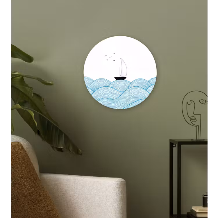 Zeilboot - Golven - Zee - Illustratie - Blauw Wandcirkel kunststof plaat 5mm dik klein -sfeer3