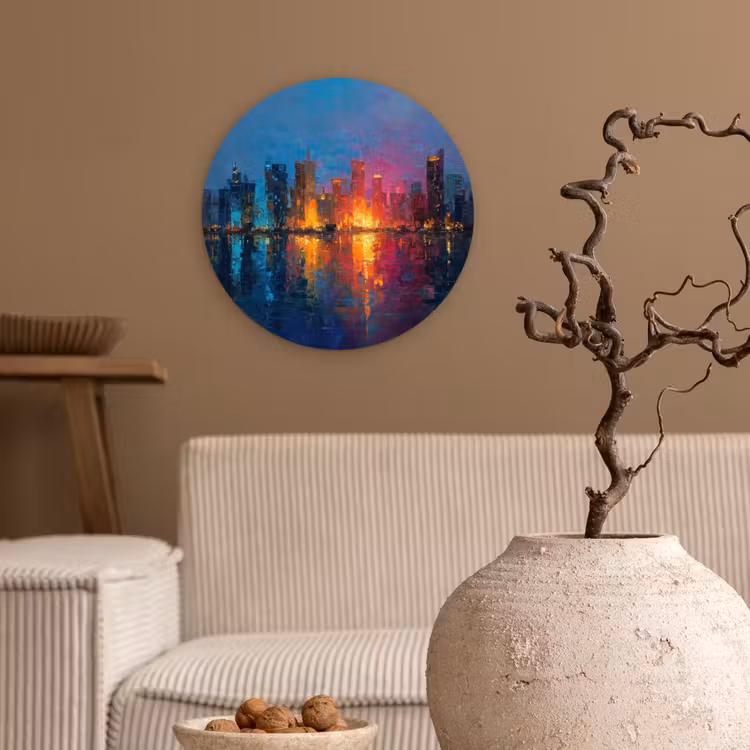 Skyline - Penseelstreken - Donkerblauw - Lichtgevend Wandcirkel kunststof plaat 5mm dik klein -sfeer1