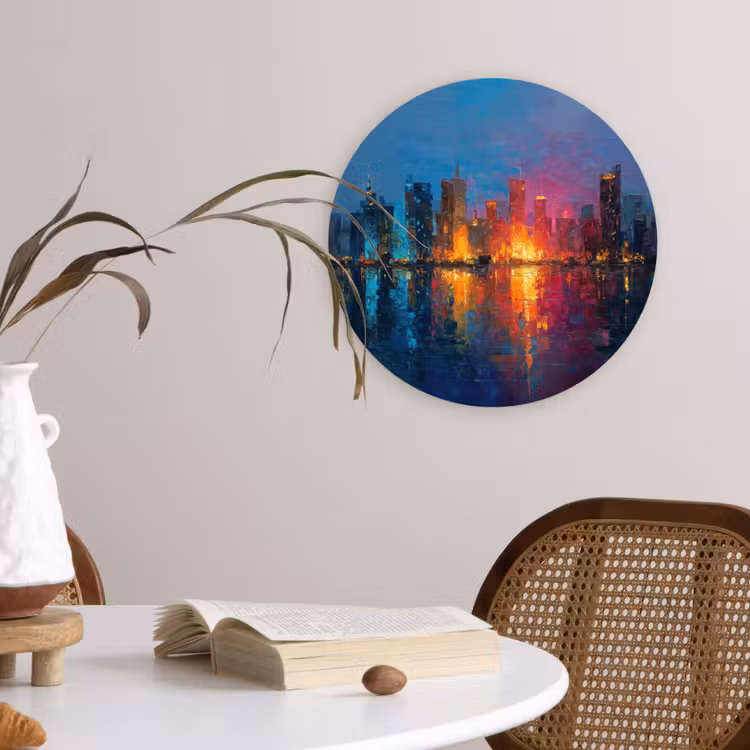 Skyline - Penseelstreken - Donkerblauw - Lichtgevend Wandcirkel kunststof plaat 5mm dik klein -sfeer4