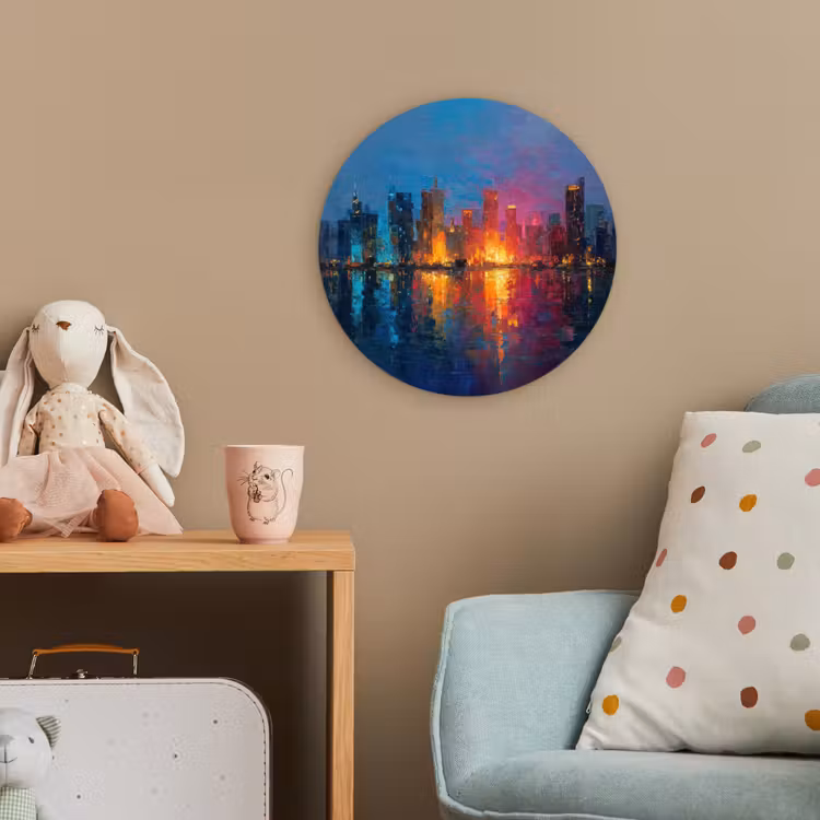 Skyline - Penseelstreken - Donkerblauw - Lichtgevend Wandcirkel kunststof plaat 5mm dik klein -tsfeer1_kind
