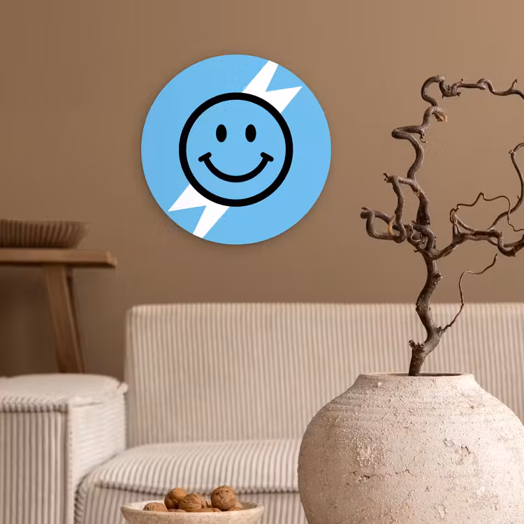 Smiley - Blauw - Bliksem Wandcirkel kunststof plaat 5mm dik klein -sfeer1