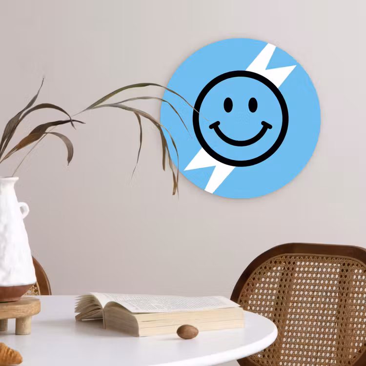 Smiley - Blauw - Bliksem Wandcirkel kunststof plaat 5mm dik klein -sfeer4