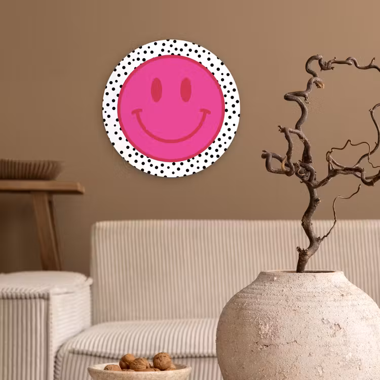 Smiley - Roze - Stippen Wandcirkel kunststof plaat 5mm dik klein -sfeer1