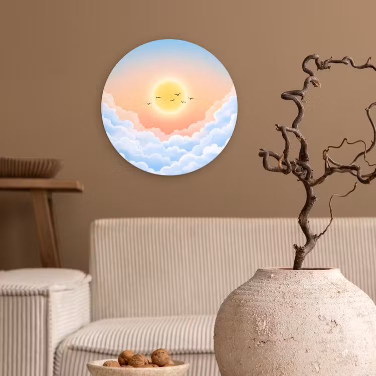 Zon - Vogels - Lucht - Natuur - Geel Wandcirkel kunststof plaat 5mm dik klein -sfeer1