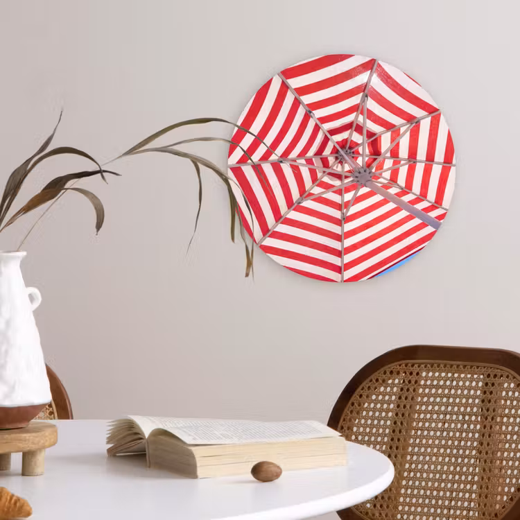 Parasol - Strepen - Zomer - Rood - Blauw Wandcirkel kunststof plaat 5mm dik klein -sfeer4