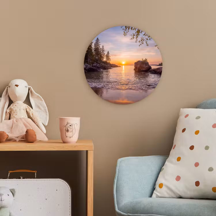 Zonsondergang - Kust - Water - Natuur - Oranje Wandcirkel kunststof plaat 5mm dik klein -tsfeer1_kind