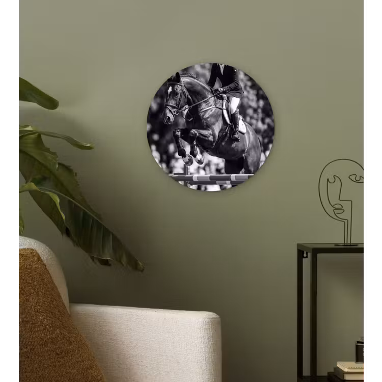 Springen - Paard - Zwart - Wit Wandcirkel kunststof plaat 5mm dik klein -sfeer3