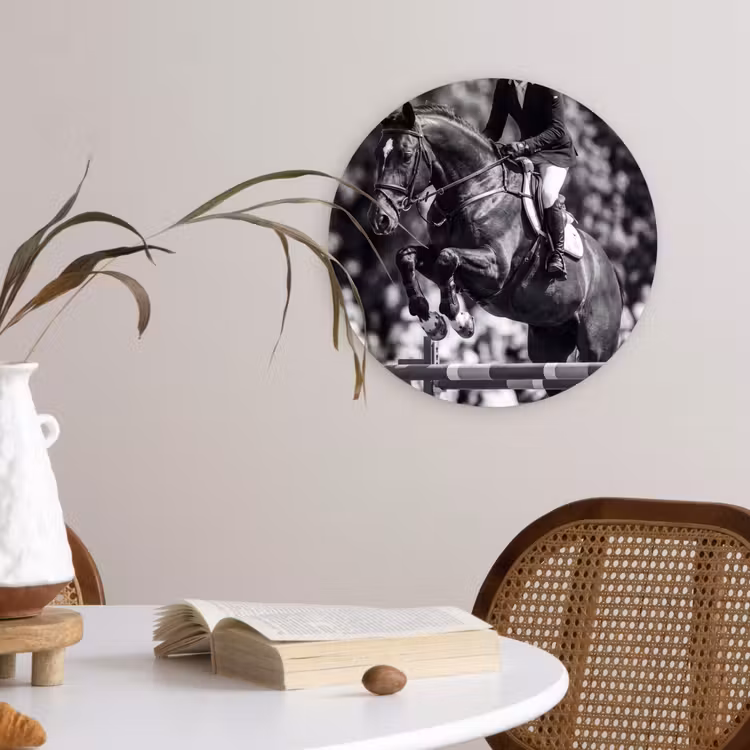 Springen - Paard - Zwart - Wit Wandcirkel kunststof plaat 5mm dik klein -sfeer4
