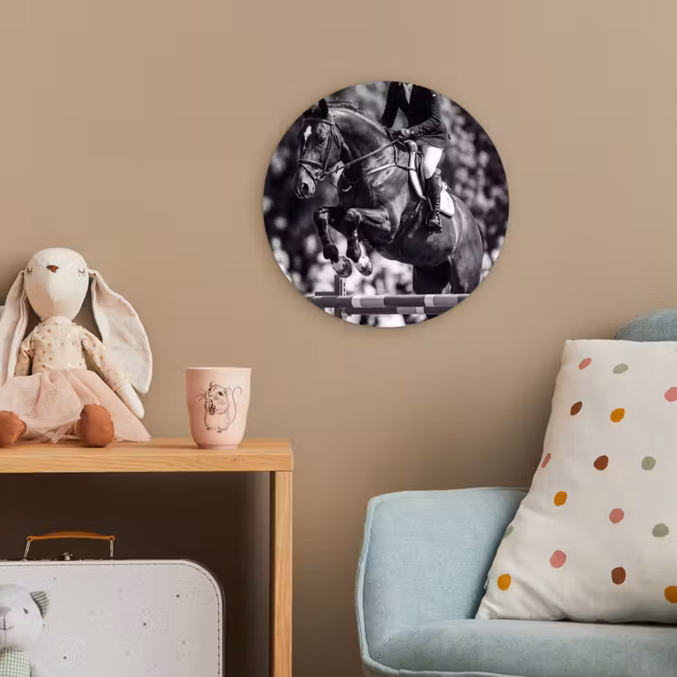 Springen - Paard - Zwart - Wit Wandcirkel kunststof plaat 5mm dik klein -tsfeer1_kind