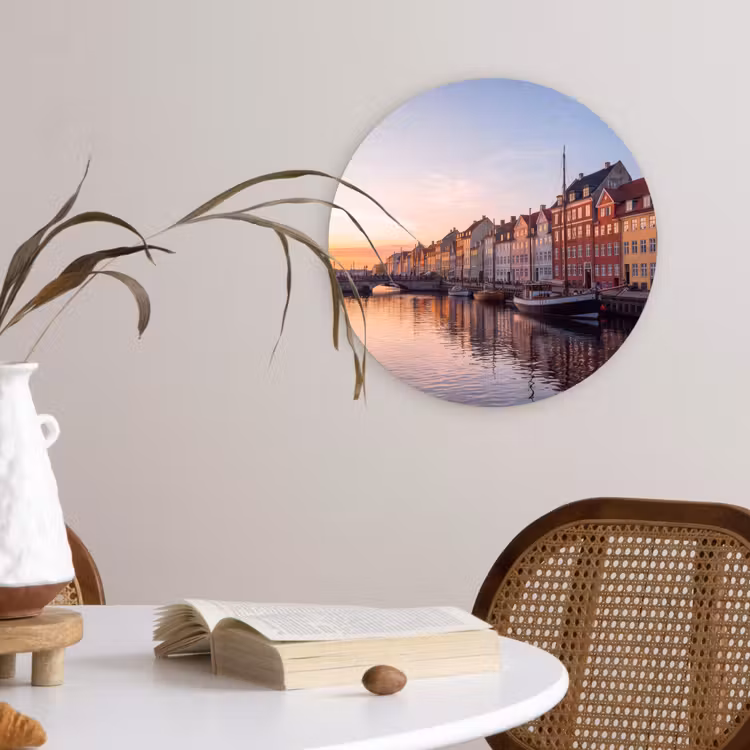 Stad - Gracht - Zonsondergang - Klassiek - Kleurrijk Wandcirkel kunststof plaat 5mm dik klein -sfeer4