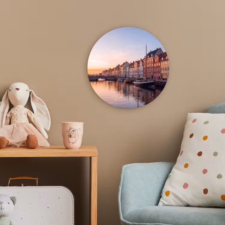 Stad - Gracht - Zonsondergang - Klassiek - Kleurrijk Wandcirkel kunststof plaat 5mm dik klein -tsfeer1_kind
