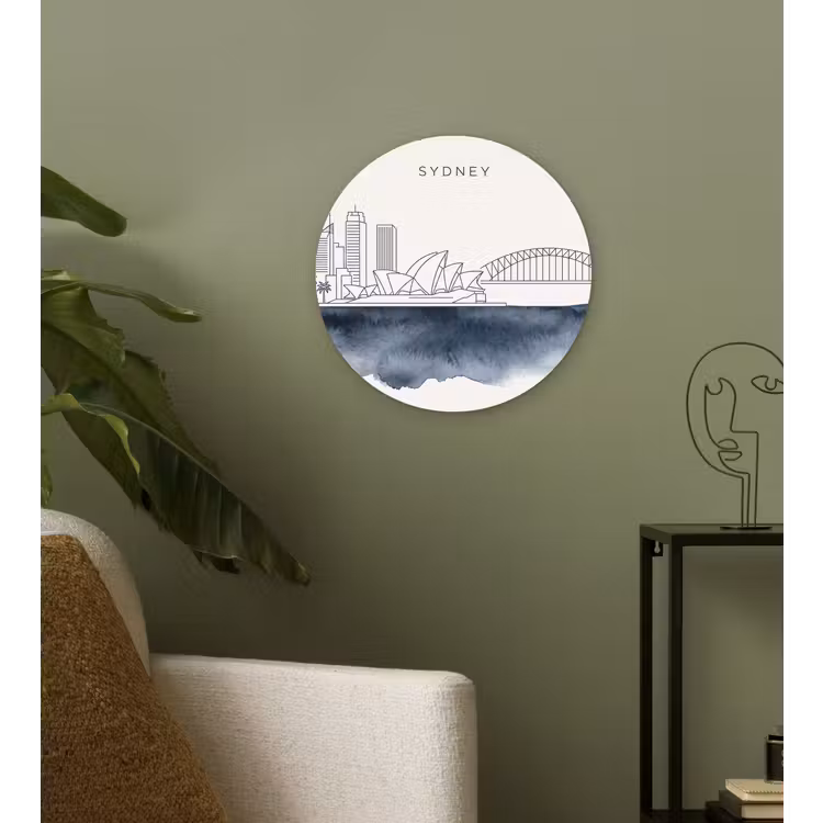 Stad - Skyline - Architectuur - Minimalistisch - Blauw Wandcirkel kunststof plaat 5mm dik klein -sfeer3