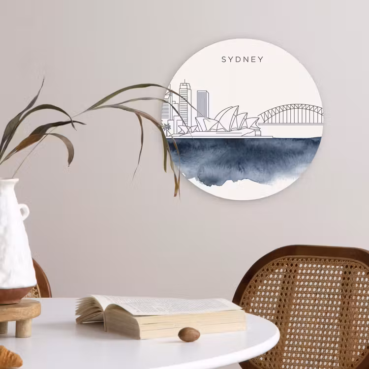 Stad - Skyline - Architectuur - Minimalistisch - Blauw Wandcirkel kunststof plaat 5mm dik klein -sfeer4