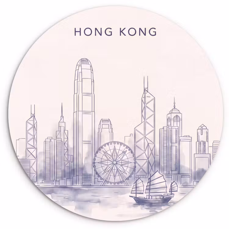 Stad - Skyline - Water - Lijntekening - Blauw Wandcirkel kunststof plaat 5mm dik klein -3d
