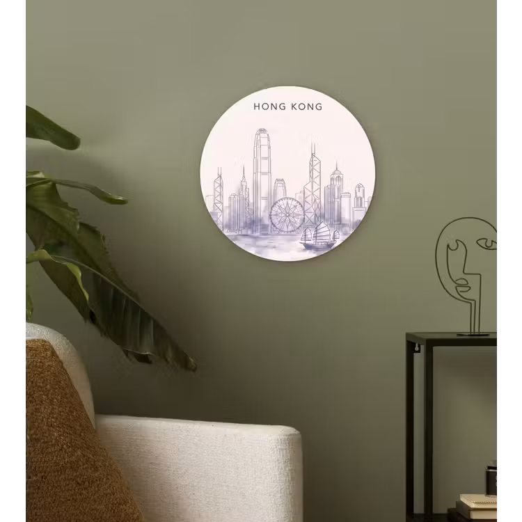 Stad - Skyline - Water - Lijntekening - Blauw Wandcirkel kunststof plaat 5mm dik klein -sfeer3