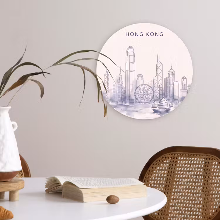 Stad - Skyline - Water - Lijntekening - Blauw Wandcirkel kunststof plaat 5mm dik klein -sfeer4