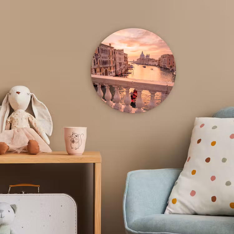 Stad - Venetië - Kanaal - Zonsopgang - Architectuur - Goud Wandcirkel kunststof plaat 5mm dik klein -tsfeer1_kind
