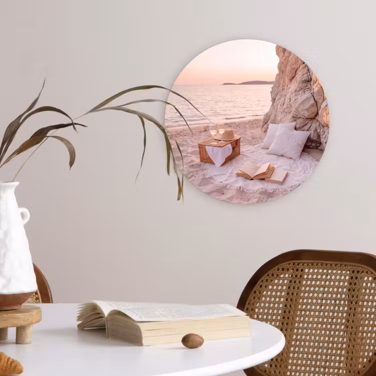 Strand - Picknick - Zonsondergang - Zomer - Natuur Wandcirkel kunststof plaat 5mm dik klein -sfeer4