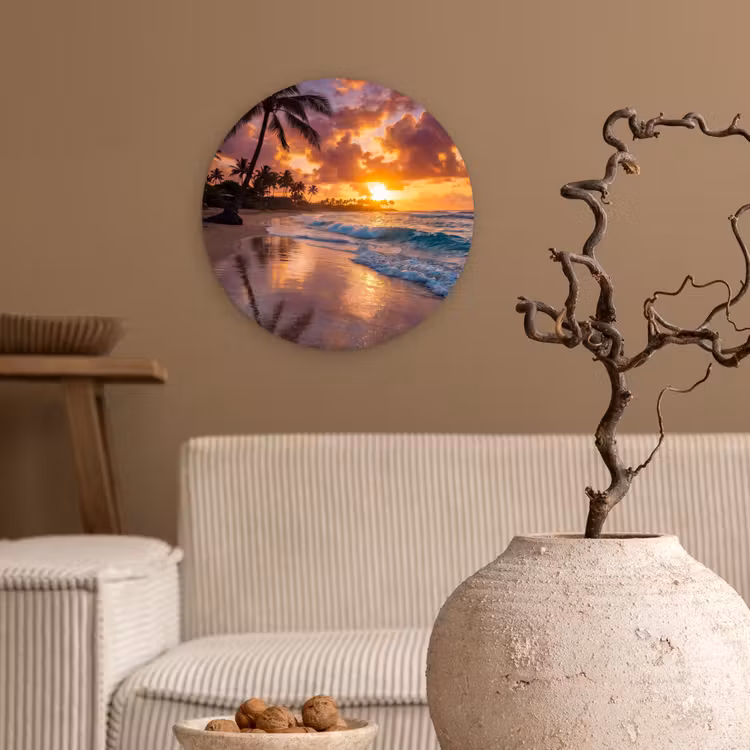 Strand - Zonsopgang - Tropisch - Natuur - Oranje Wandcirkel kunststof plaat 5mm dik klein -sfeer1