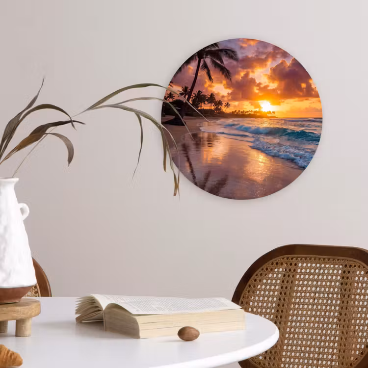 Strand - Zonsopgang - Tropisch - Natuur - Oranje Wandcirkel kunststof plaat 5mm dik klein -sfeer4