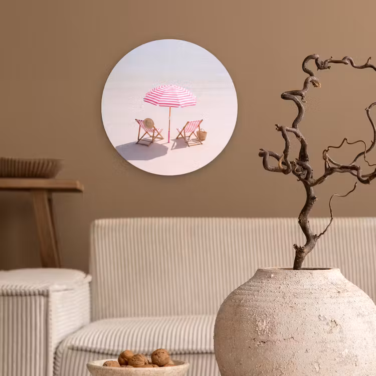 Strand - Parasol - Ligstoel - Zomer - Roze Wandcirkel kunststof plaat 5mm dik klein -sfeer1