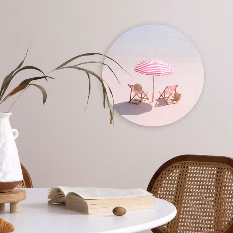 Strand - Parasol - Ligstoel - Zomer - Roze Wandcirkel kunststof plaat 5mm dik klein -sfeer4