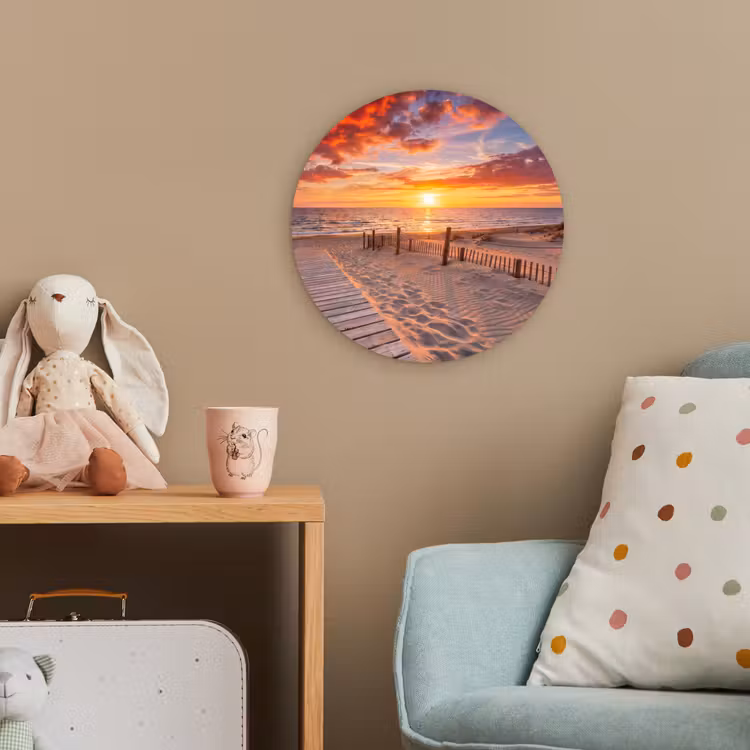 Strand - Zonsondergang - Zee - Natuur - Oranje Wandcirkel kunststof plaat 5mm dik klein -tsfeer1_kind