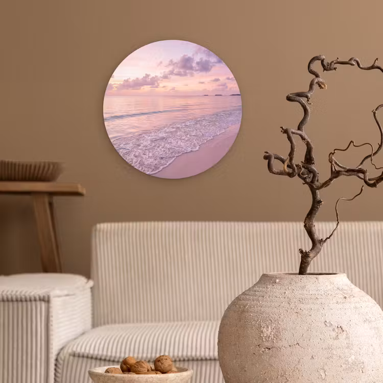 Strand - Zonsondergang - Natuur - Minimalistisch - Roze Wandcirkel kunststof plaat 5mm dik klein -sfeer1
