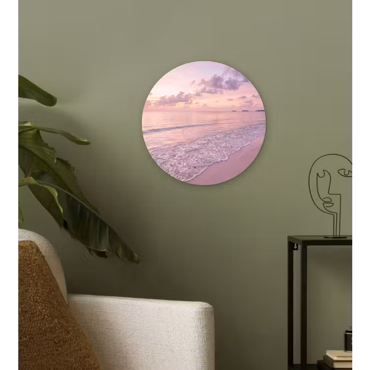 Strand - Zonsondergang - Natuur - Minimalistisch - Roze Wandcirkel kunststof plaat 5mm dik klein -sfeer3